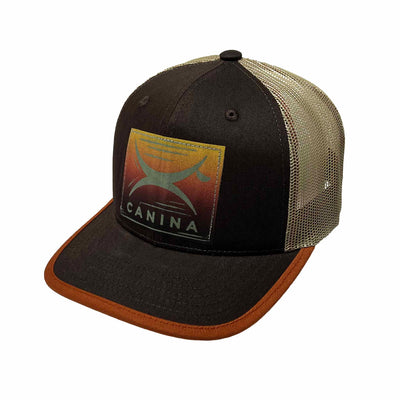 Canina x Recaps cotton trucker hat in brown and tan with block print logo
