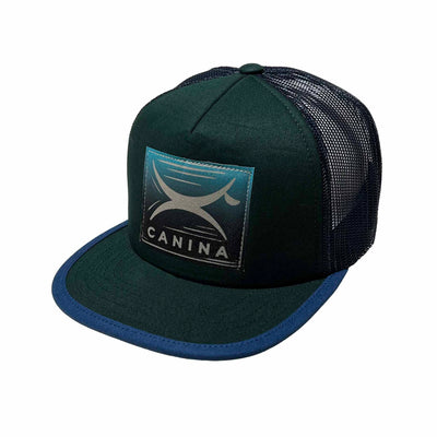 Canina x Recaps foam trucker hat in green and navy with block print logo