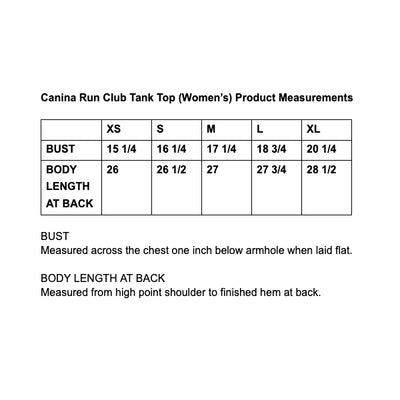 Canina Run Club women's tank top size chart and product measurements