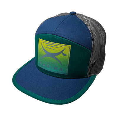 Canina x Recaps 7 panel hat in green, blue and gray with block print logo