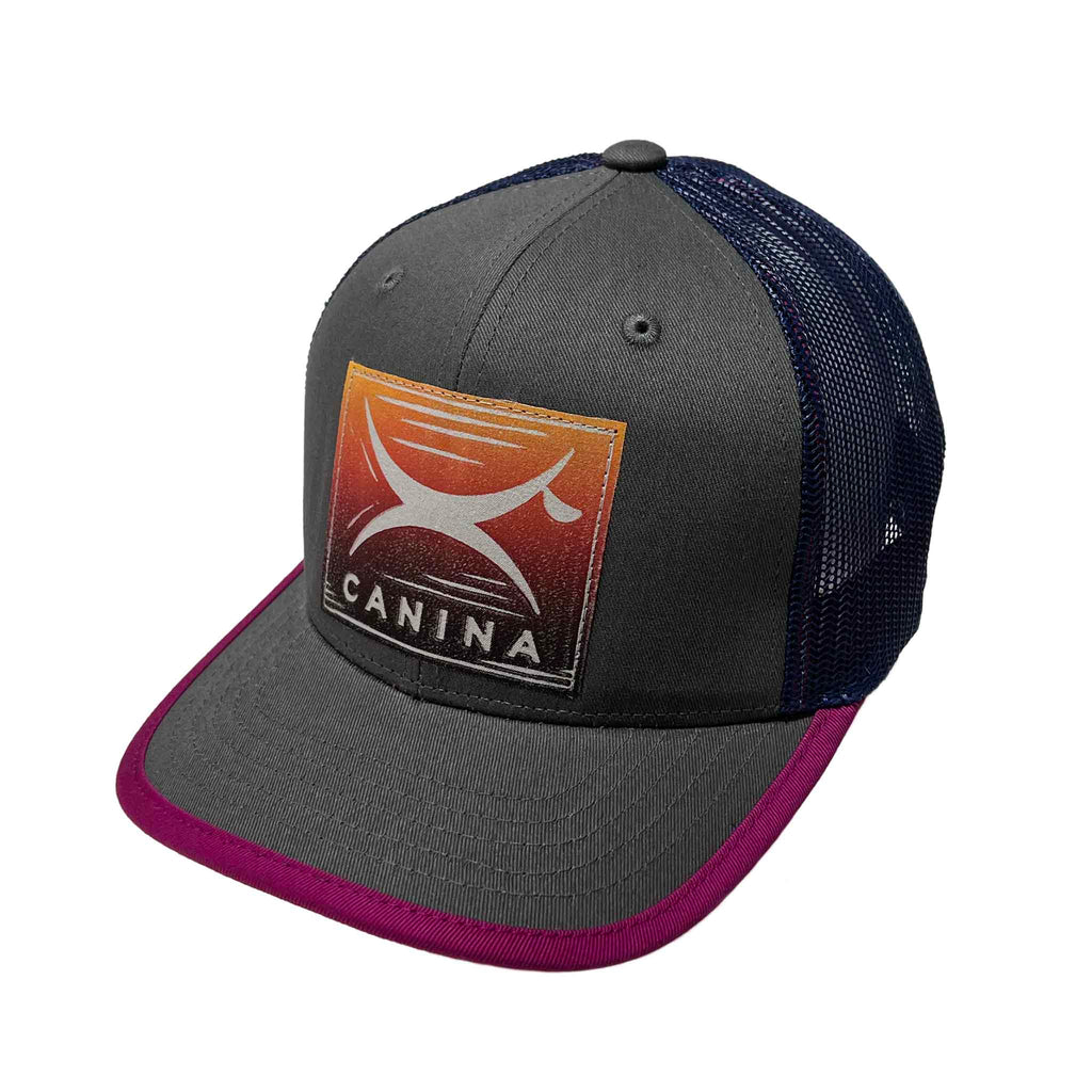 Canina x Recaps cotton trucker hat in gray and navy with block print logo