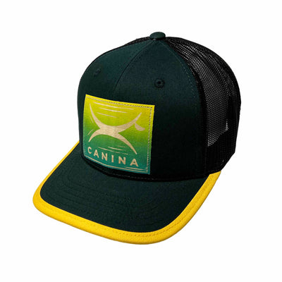 Canina x Recaps cotton trucker hat in green and black with block print logo