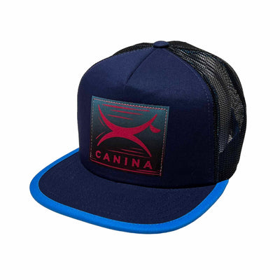 Canina x Recaps foam trucker hat in navy blue and black with block print logo