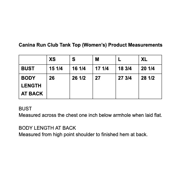 Canina Run Club women's tank top size chart and product measurements