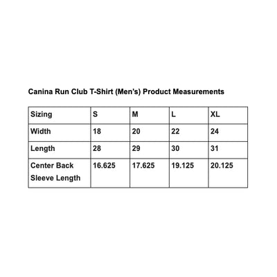 Canina Run Club men's t-shirt size chart and product measurements