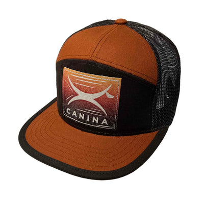 Canina x Recaps 7 panel hat in burnt orange and brown with block print logo
