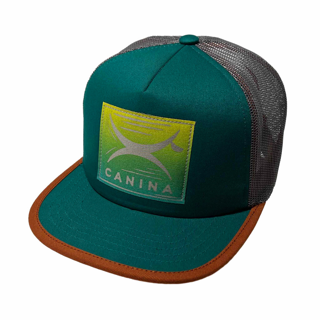 Canina x Recaps foam trucker hat in teal and gray with block print logo